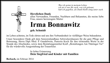 Traueranzeige von Irma Bonnawitz von Südthüringer Presse