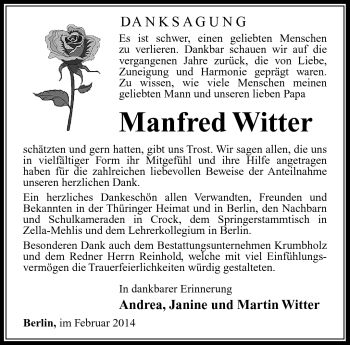 Traueranzeige von Manfred Witter von Südthüringer Presse