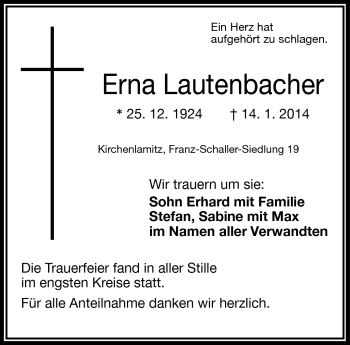 Traueranzeige von Erna Lautenbacher von Frankenpost