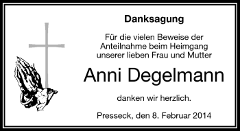 Traueranzeige von Anni Degelman von Frankenpost