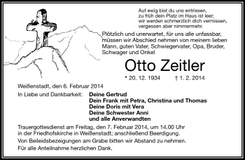 Traueranzeige von Otto Zeitler von Frankenpost