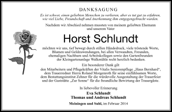 Traueranzeige von Horst Schlundt von Südthüringer Presse