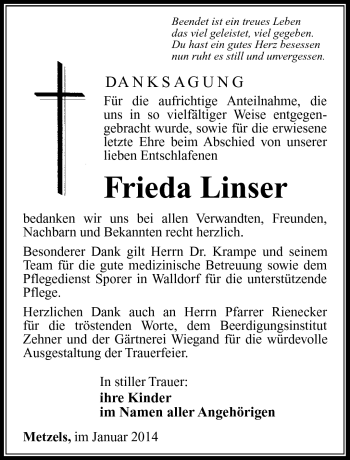 Traueranzeige von Frieda Linser von Südthüringer Presse