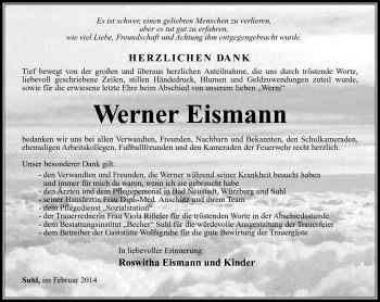 Traueranzeige von Werner Eismann von Südthüringer Presse