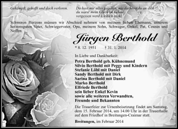 Traueranzeige von Jürgen Berthold von Südthüringer Presse