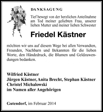 Traueranzeige von Friedel Kästner von Südthüringer Presse