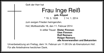 Traueranzeige von Inge Reiß von Frankenpost