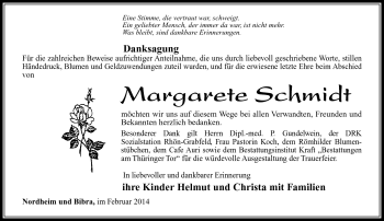 Traueranzeige von Margarete Schmidt von Südthüringer Presse