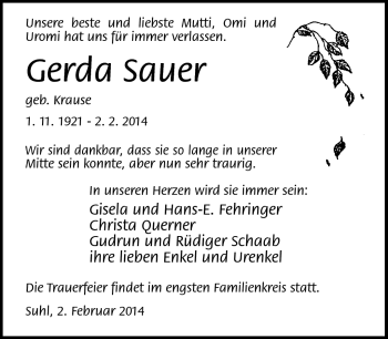 Traueranzeige von Gerda Sauer von Südthüringer Presse