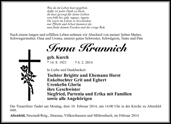 Traueranzeige von Irma Krannich von Südthüringer Presse