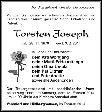 Traueranzeige von Torsten Joseph von Südthüringer Presse