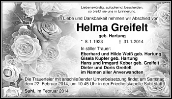 Traueranzeige von Helma Greifelt von Südthüringer Presse