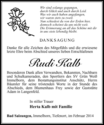 Traueranzeige von Rudi Kalb von Südthüringer Presse