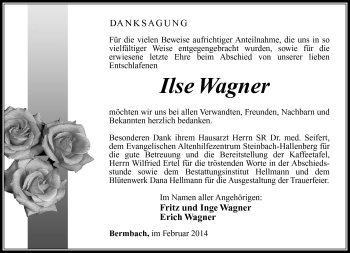 Traueranzeige von Ilse Wagner von Südthüringer Presse