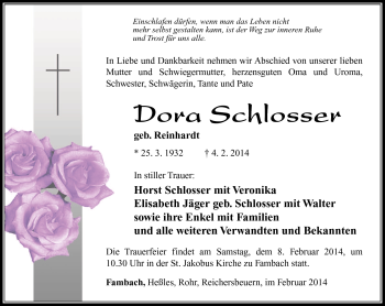 Traueranzeige von Dora Schlosser von Südthüringer Presse