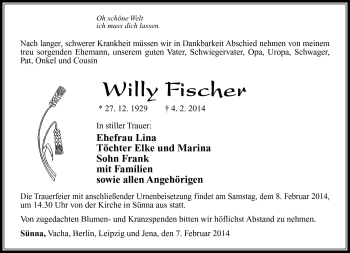 Traueranzeige von Willy Fischer von Südthüringer Presse
