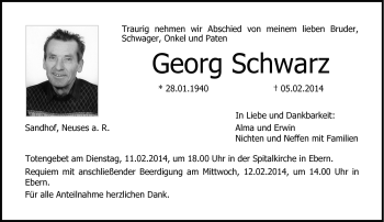 Traueranzeige von Georg Schwarz von Neue Presse Coburg
