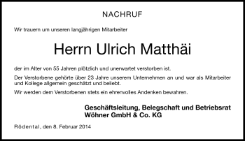Traueranzeige von Ulrich Matthäi von Neue Presse Coburg