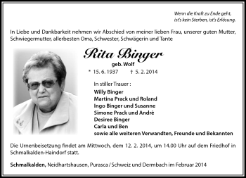 Traueranzeige von Rita Binger von Südthüringer Presse
