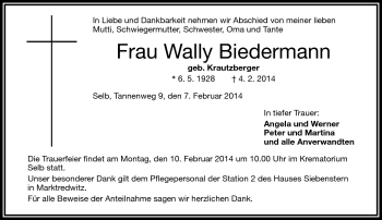 Traueranzeige von Wally Biedermann von Frankenpost