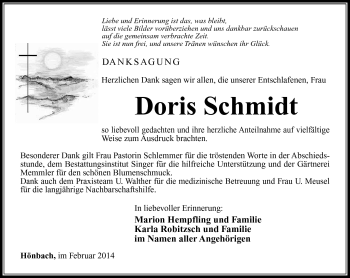 Traueranzeige von Doris Schmidt von Südthüringer Presse