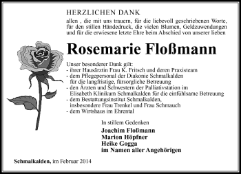 Traueranzeige von Rosemarie Floßmann von Südthüringer Presse