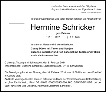 Traueranzeige von Hermine Schricker von Neue Presse Coburg