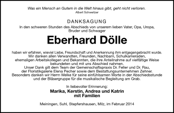 Traueranzeige von Eberhard Dölle von Südthüringer Presse