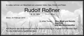 Traueranzeige von Rudolf Roßner von Frankenpost