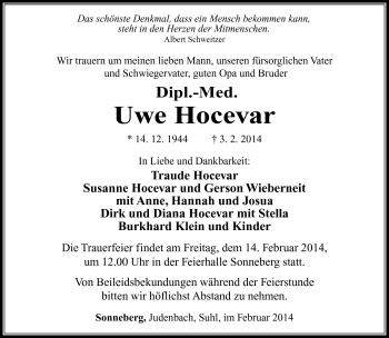 Traueranzeige von Uwe Hocevar von Südthüringer Presse