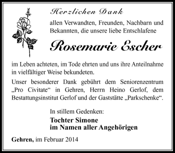Traueranzeige von Rosemarie Escher von Südthüringer Presse