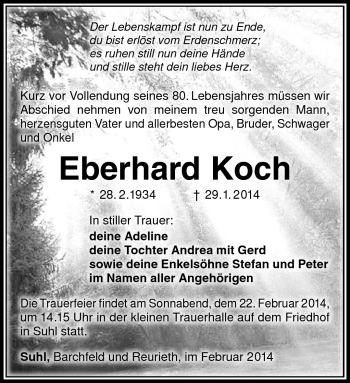 Traueranzeige von Eberhard Koch von Südthüringer Presse
