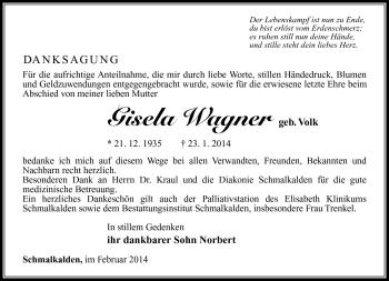 Traueranzeige von Gisela Wagner von Südthüringer Presse