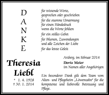 Traueranzeige von Theresia Liebl von Frankenpost