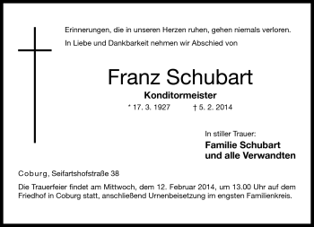 Traueranzeige von Franz Schubart von Neue Presse Coburg