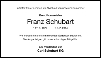 Traueranzeige von Franz Schubart von Neue Presse Coburg