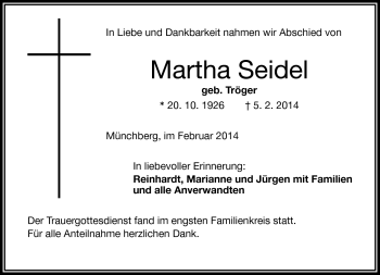 Traueranzeige von Martha Seidel von Frankenpost