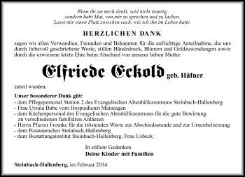 Traueranzeige von Elfriede Eckold von Südthüringer Presse