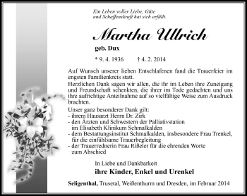 Traueranzeige von Martha Ullrich von Südthüringer Presse