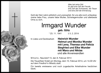 Traueranzeige von Irmgard Wunder von Neue Presse Coburg