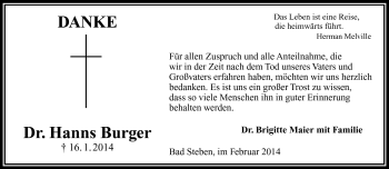 Traueranzeige von Hanns Burger von Frankenpost
