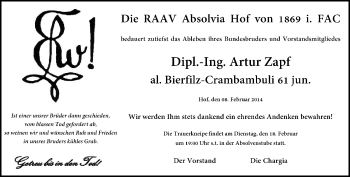 Traueranzeige von Artur Zapf von Frankenpost