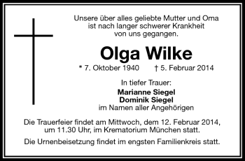 Traueranzeige von Olga Wilke von Frankenpost