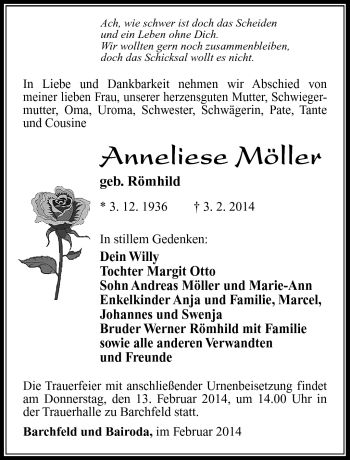 Traueranzeige von Anneliese Möller von Südthüringer Presse
