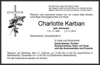 Traueranzeige von Charlotte Karban von Frankenpost