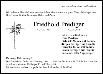 Traueranzeige von Friedhold Prediger von Neue Presse Coburg
