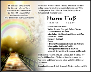 Traueranzeige von Hans Fuß von Südthüringer Presse
