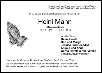 Traueranzeige von Heini Mann von Neue Presse Coburg