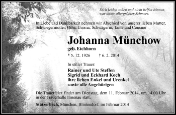 Traueranzeige von Johanna Münchow von Südthüringer Presse