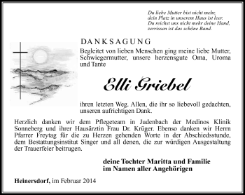 Traueranzeige von Elli Griebel von Südthüringer Presse